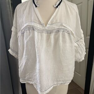 Maeve by anthropology White Blouse with Navy Trim